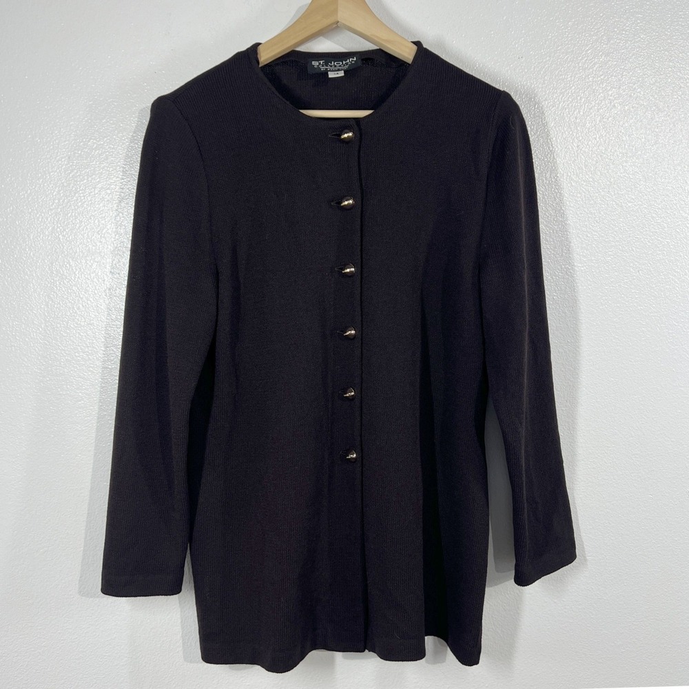 St John Collection Santana Knit Cardigan Womens 14 Brown Gold Buttons‎ Front